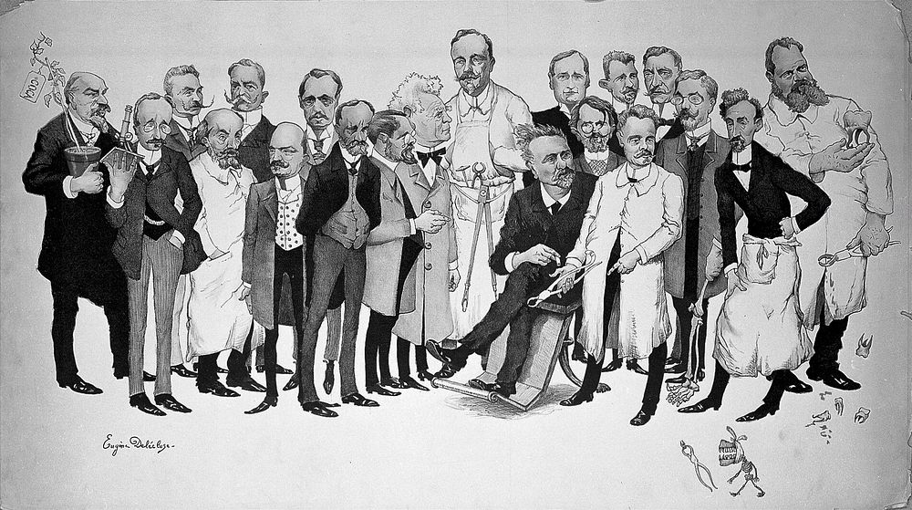 Twenty French dentists holding instruments. Colour lithograph by E. Delécluse, ca. 1910.