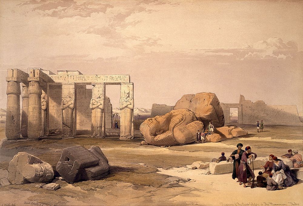 Fragments of the large statues of Memnon (Pharaoh Amenhotep III) at the Memnonium, Thebes, Egypt. Coloured lithograph by…