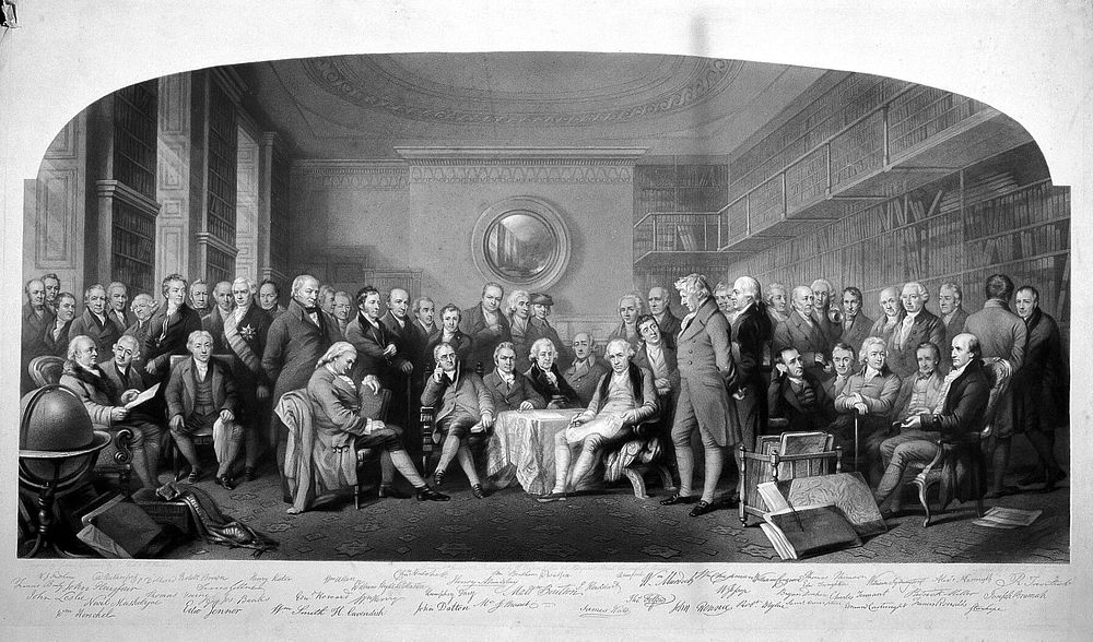 Distinguished British men of science 1807-1808 assembled in the library of the Royal Institution, London. Mezzotint by W.…