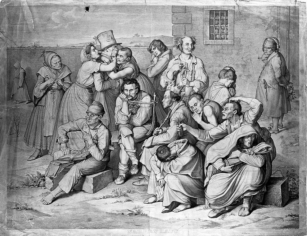 Mentally ill people in the garden of an asylum, a warden lurks in the background. Engraving by K.H. Merz under the direction…