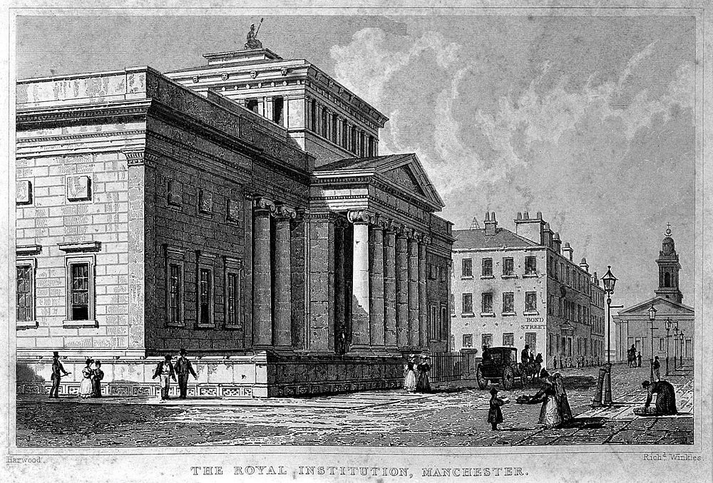 Royal Institution, Manchester, England. Line engraving by R. Winkles after Harwood.