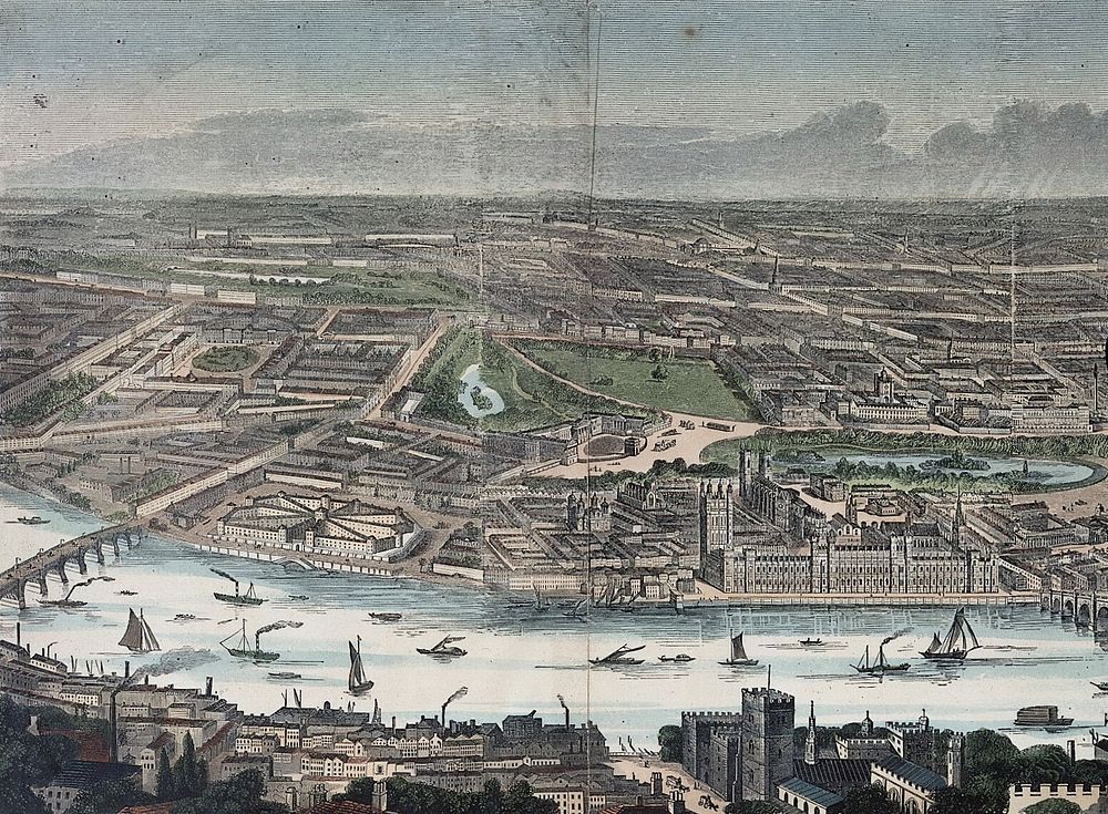 London and the River Thames seen from the south, from Westminster to Greenwich. Wood engraving by F. J. Smyth, 1845.