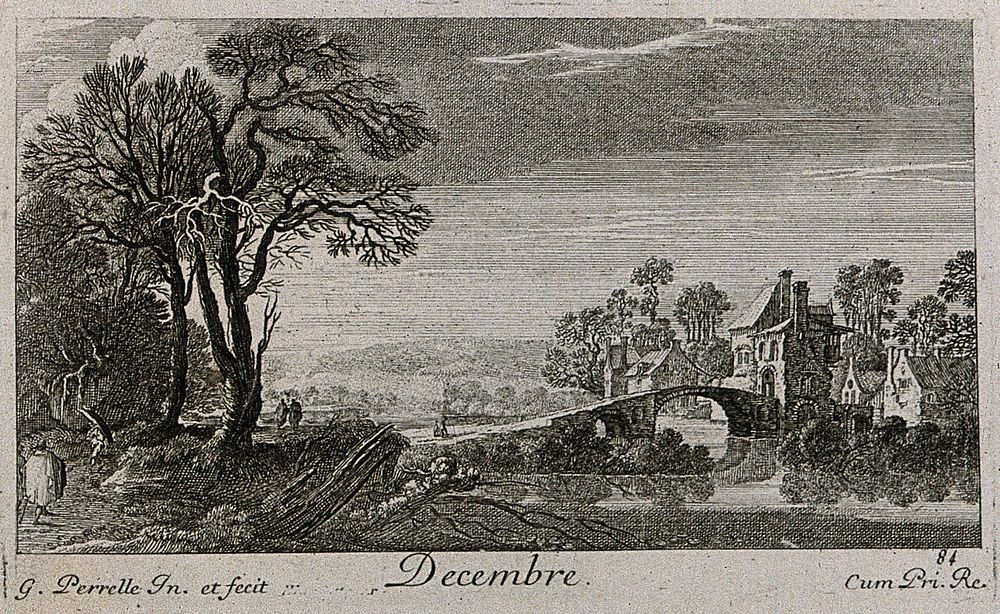 Landscape with a bridge; representing December. Etching by G. Perelle, c. 1660.