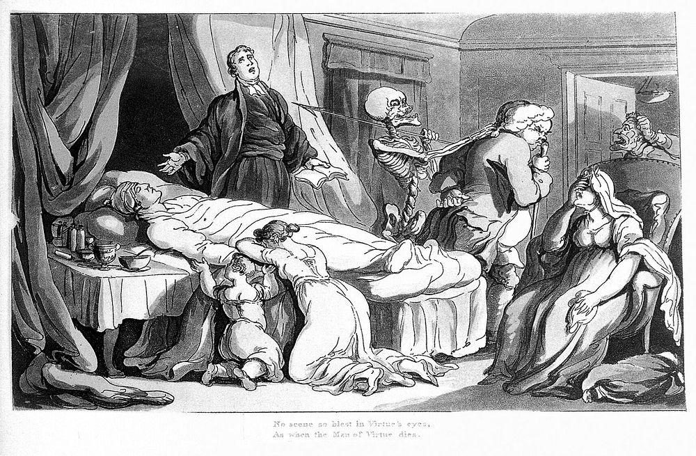 Death's triumph over a much loved family man; illustrated by a skeletal death figure pulling the hair of the retreating…