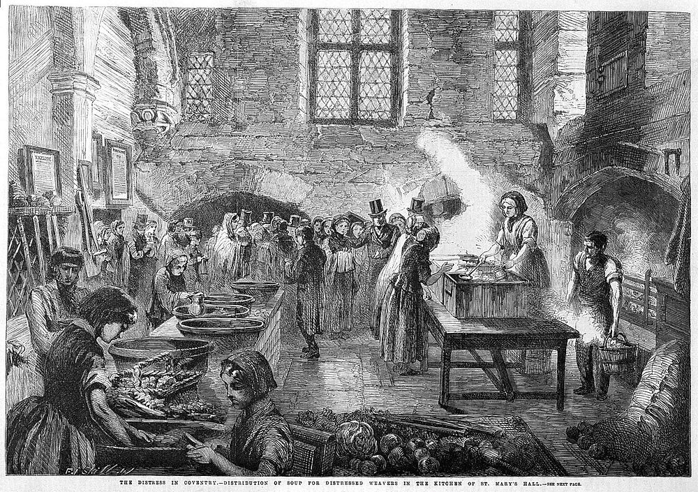 A soup kitchen for distressed weavers in St. Mary's hall, Coventry, 1861.