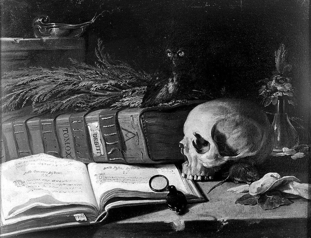 Still life with a ledger, a skull and other objects. Oil painting, 1766.