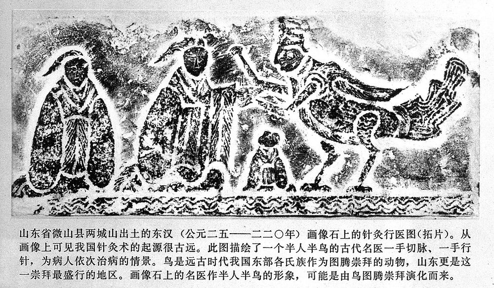 Photograph of a stone carving showing legendary creature giving acupuncture.