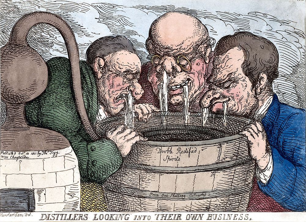 Three distillers with streams running from their noses and mouths into a tub of "double rectified spirits". Coloured…