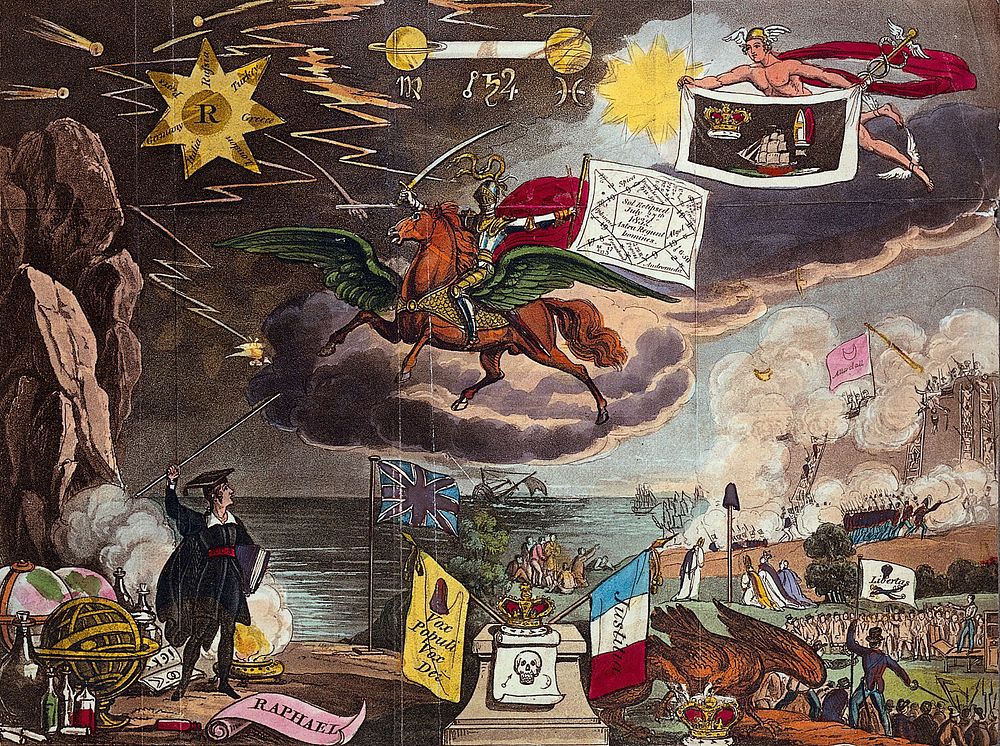 Astronomy: various apocalyptic scenes, including war, and shipwreck. Coloured lithograph, [c.1832].