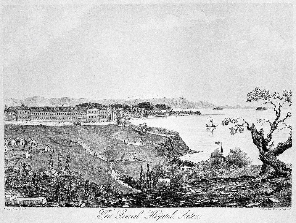 Crimean War: panoramic view showing the general hospital and mosque in Scutari, Turkey. Lithograph by Lady A. Blackwood.