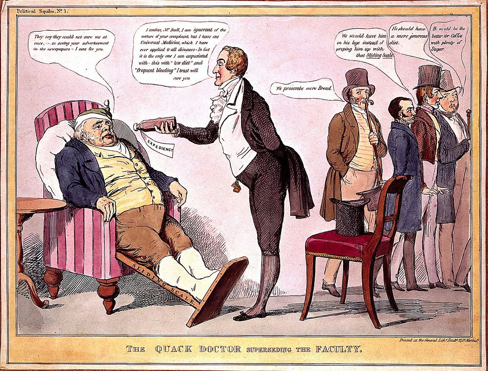 A quack doctor offering a gouty John Bull some medicine while conventional doctors are turned away; referring to British…