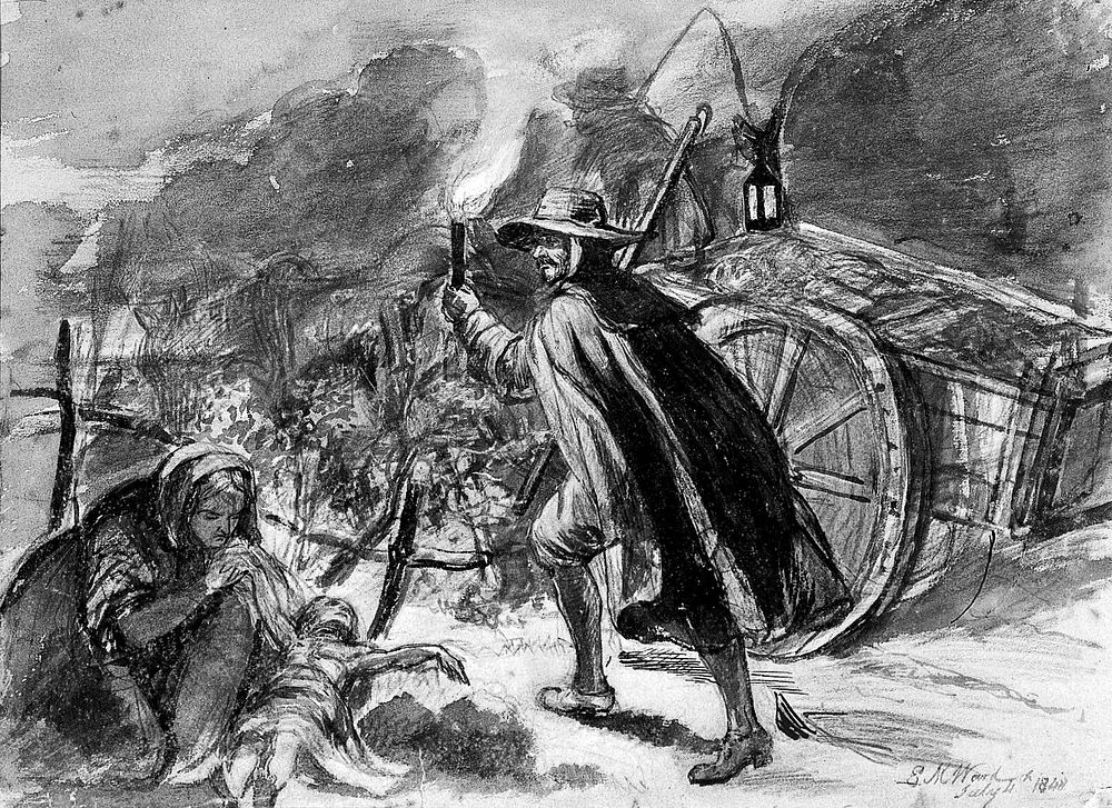 A man with a torch walking alongside a cart of plague victims; a woman is holding a dead child. Chalk drawing by E.M. Ward…