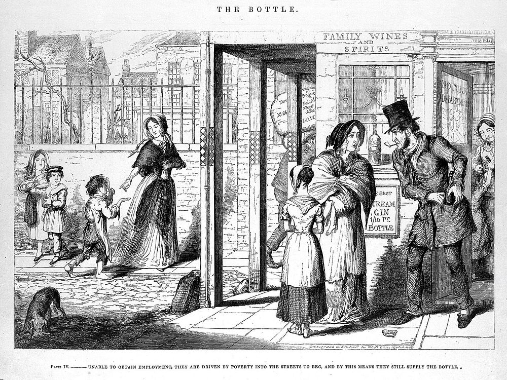 The bottle, by George Cruikshank; 'Unable to obtain employment, they are driven by poverty into the street to beg'