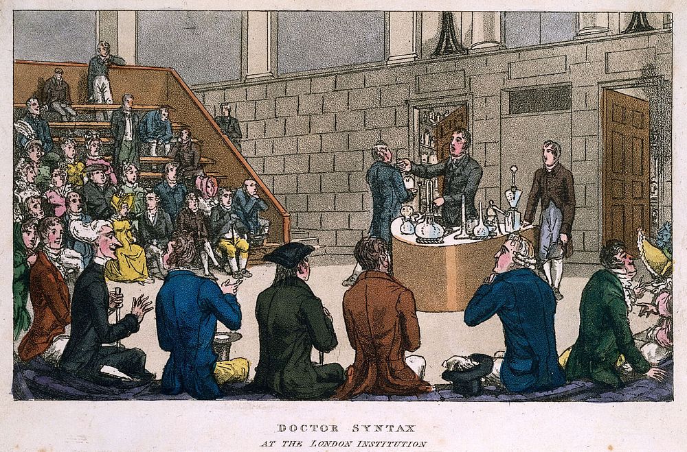 Doctor Syntax attending a scientific demonstration at the Royal Institution, London. Coloured aquatint by T. Rowlandson…