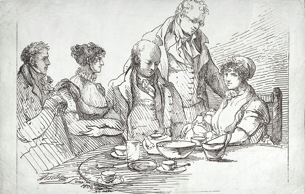 Five people sitting and standing around a tea-table, one of them a mother with a child. Lithograph by J. Fischer, 1803.