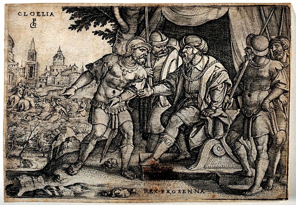 Horatius fighting off enemy soldiers to allow his soldiers to demolish the Sublician bridge. Engraving by G. Pencz.