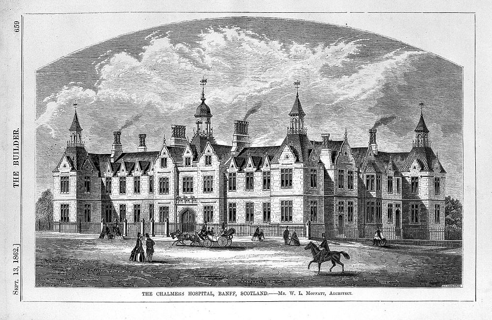 Chalmers hospital, Banff, Scotland. Wood engraving by W.E. Hodgkin, 1862 after W.G. Smith after W.L. Moffatt.