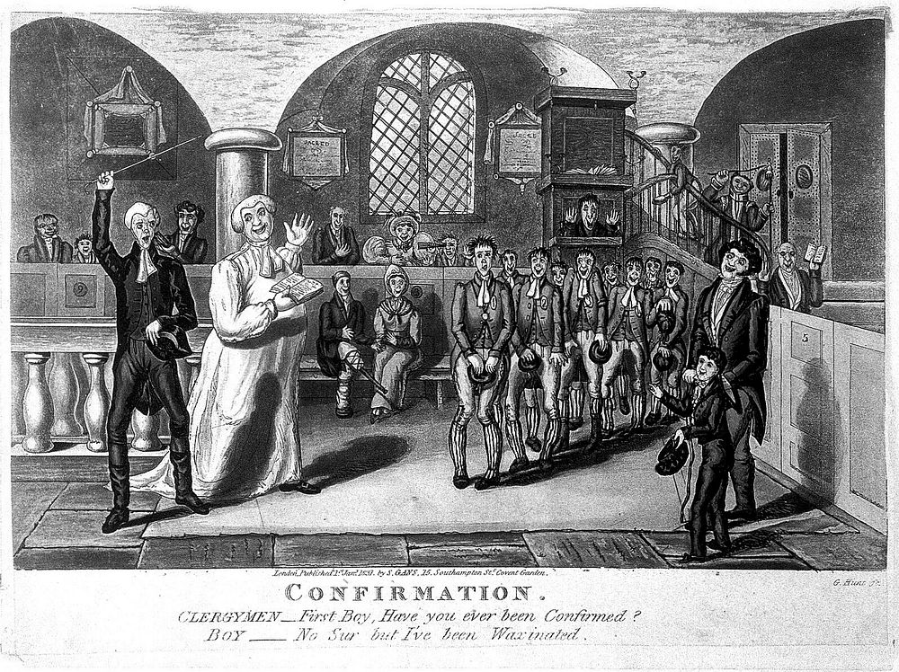 The confirmation ceremony for a group of boys; one of them confuses confirmation with vaccination. Coloured aquatint by G.…
