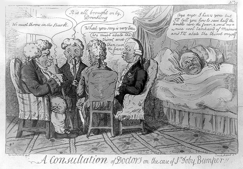 Four doctors discussing the case of Sir Toby Bumper, while he is recovering in bed from too much alcohol. Coloured etching…