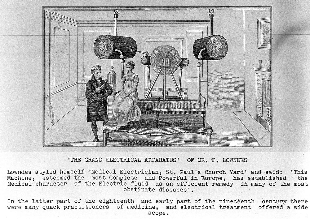 Francis Lowndes, an electrotherapist, treating a woman on an electrotherapy machine. Etching.