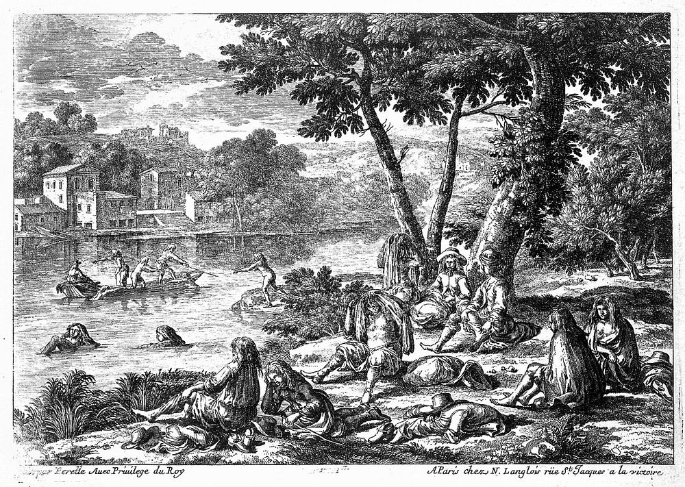 Men swimming and boating in a river; in the foreground a group of men dry themselves and relax on the river bank. Engraving…