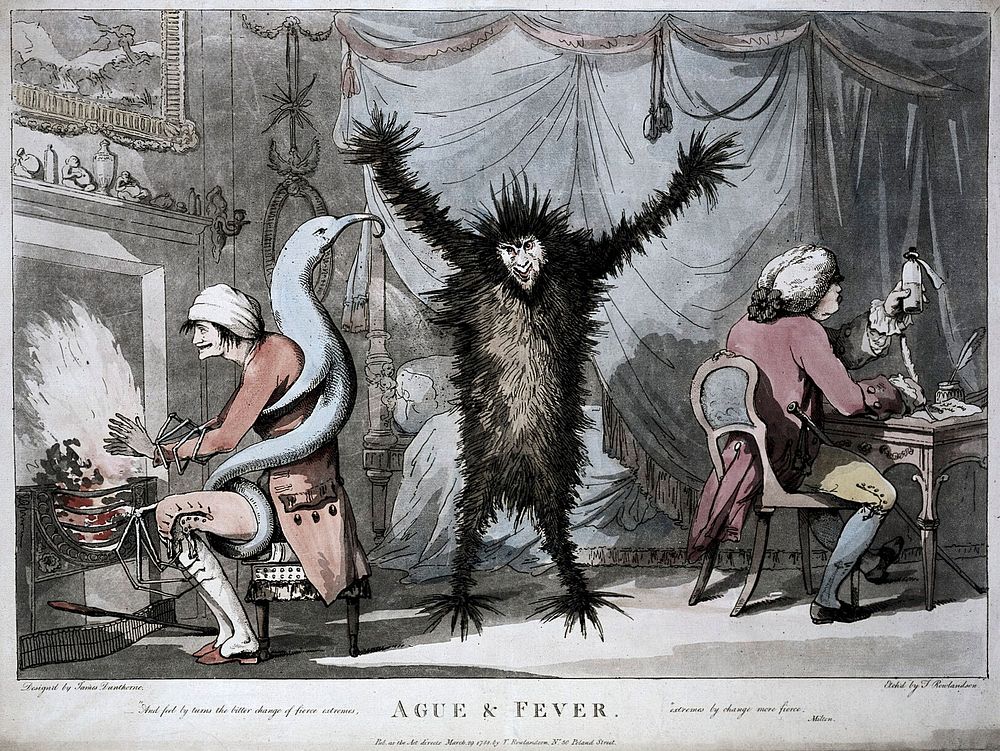 Fever, represented as a frenzied beast, stands racked in the centre of a room, while a blue monster, representing ague…