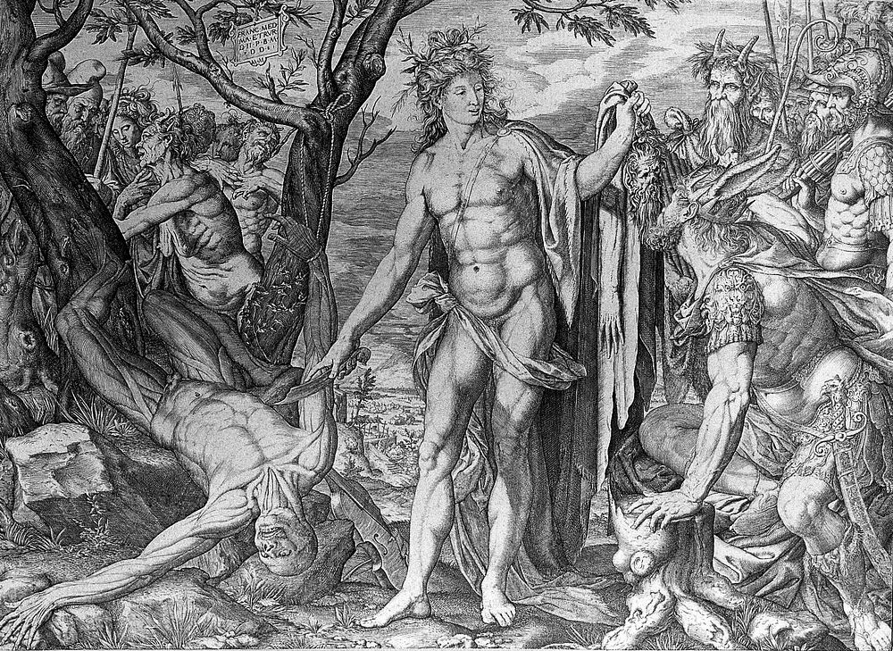 Apollo flaying Marsyas. Engraving by Melchior Meier, 1581.