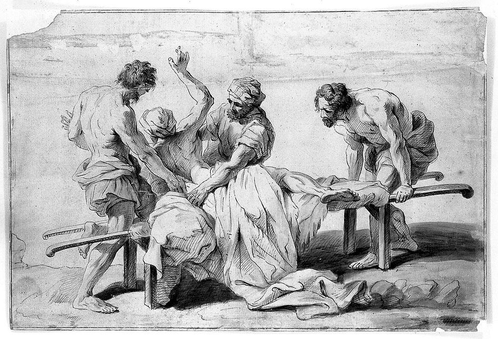 An epileptic or sick person having a fit on a stretcher, two men try to restrain him. Ink drawing attributed to J.B.…