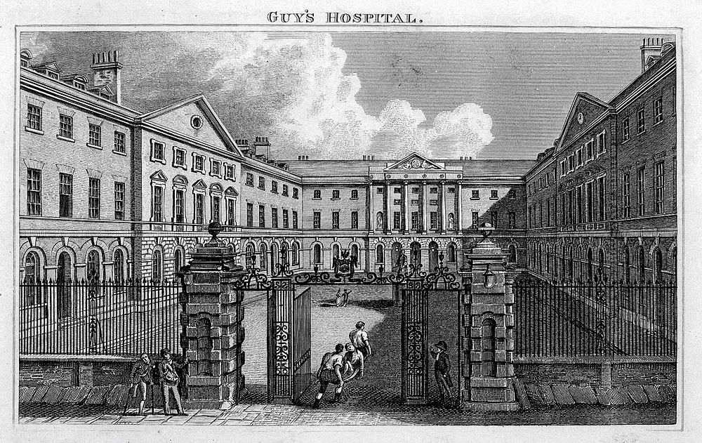 Guy's Hospital, Southwark: the entrance courtyard, with a patient being carried in on a stretcher. Engraving.