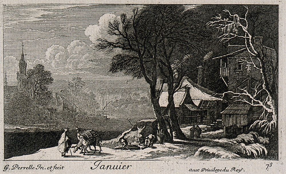 A donkey carrying wood through a snowy landscape; representing January. Etching by G. Perelle, c. 1660.