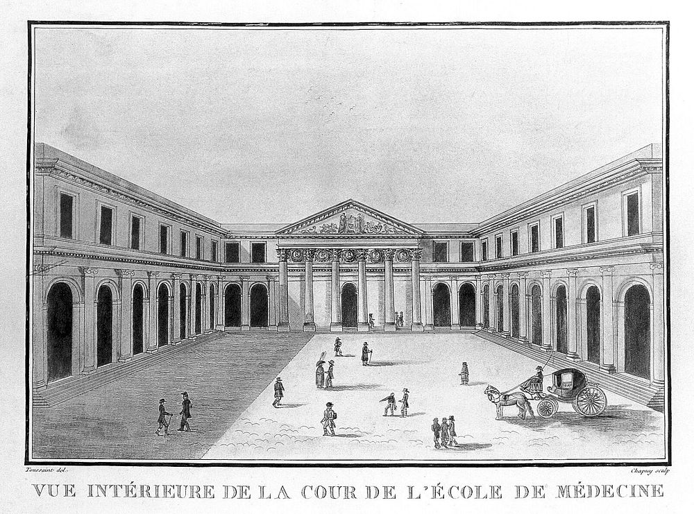 School of Medicine, Paris: the interior court. Coloured etching by J.B. Chapuy, 1808, after H. Toussaint.