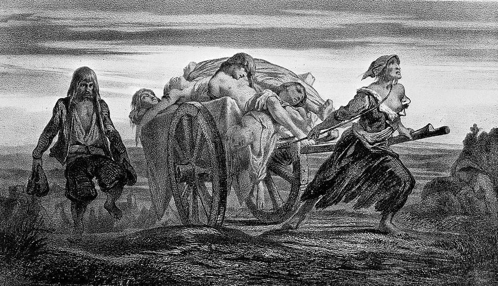 A cart of plague victims at Elliant drawn by a woman in rags. Lithograph by J. Moynet, 1852, after L. Duveau.