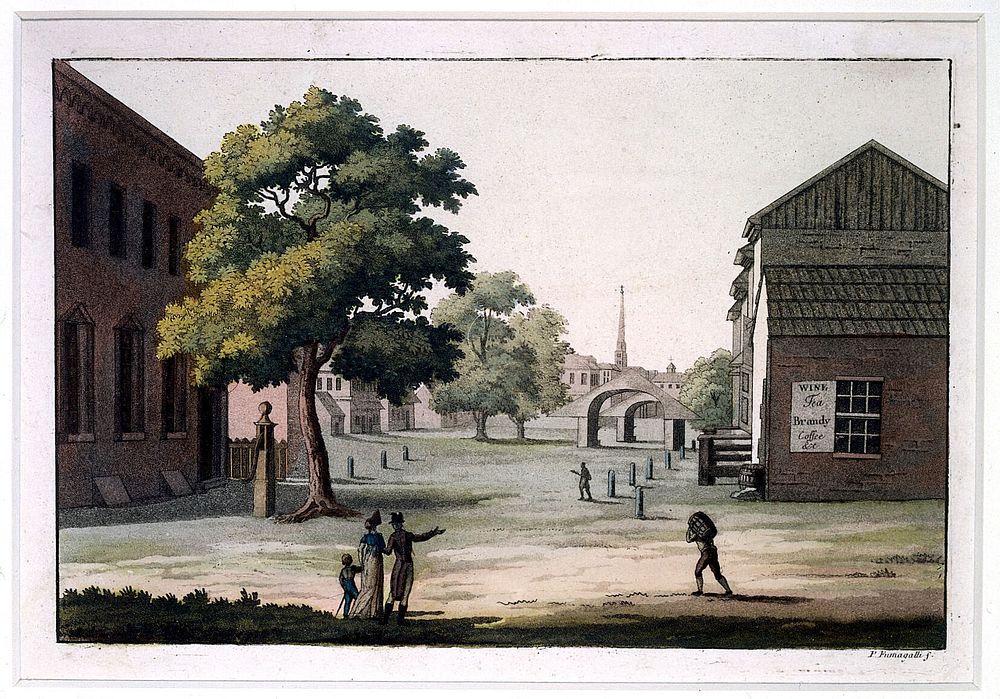 Market place, Philadelphia, Pennsylvania. Coloured aquatint by P. Fumagalli, ca. 1820.