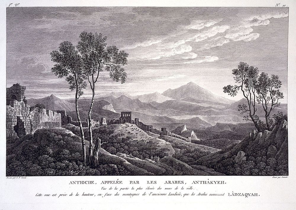 Antioch, Turkey: remains of the old walls of the city, following the slope of a mountain. Engraving by J.B. Liénard after…