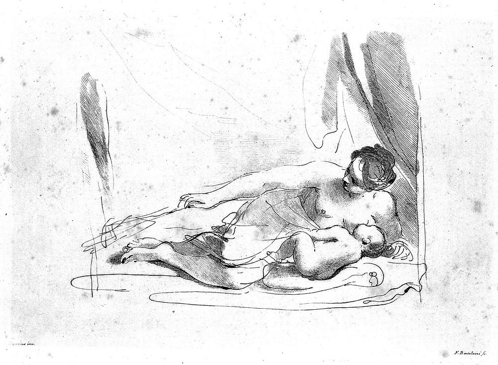 A woman lying down breast-feeding her baby. Etching by F. Bartolozzi after G.F. Barbieri, il Guercino.
