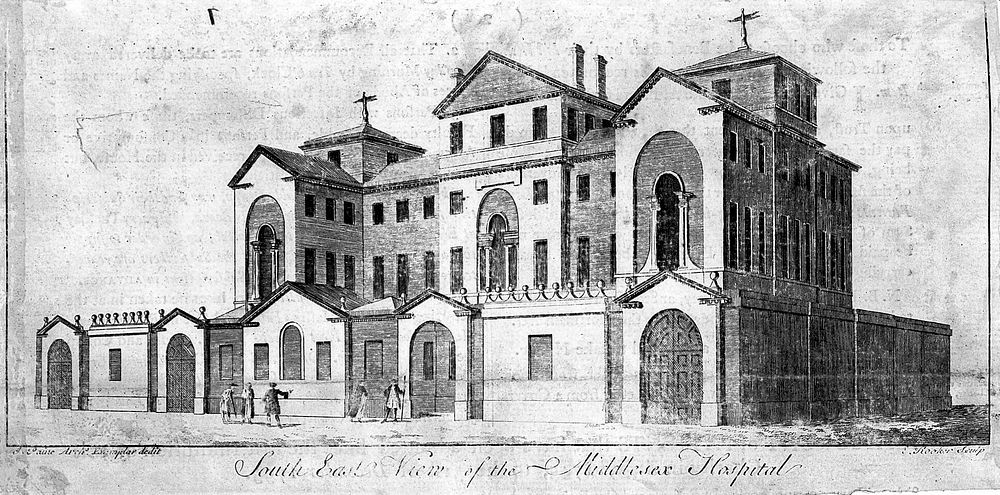 The Middlesex Hospital: seen from the south-east. Engraving by E. Rooker, 1757, after J. Paine.