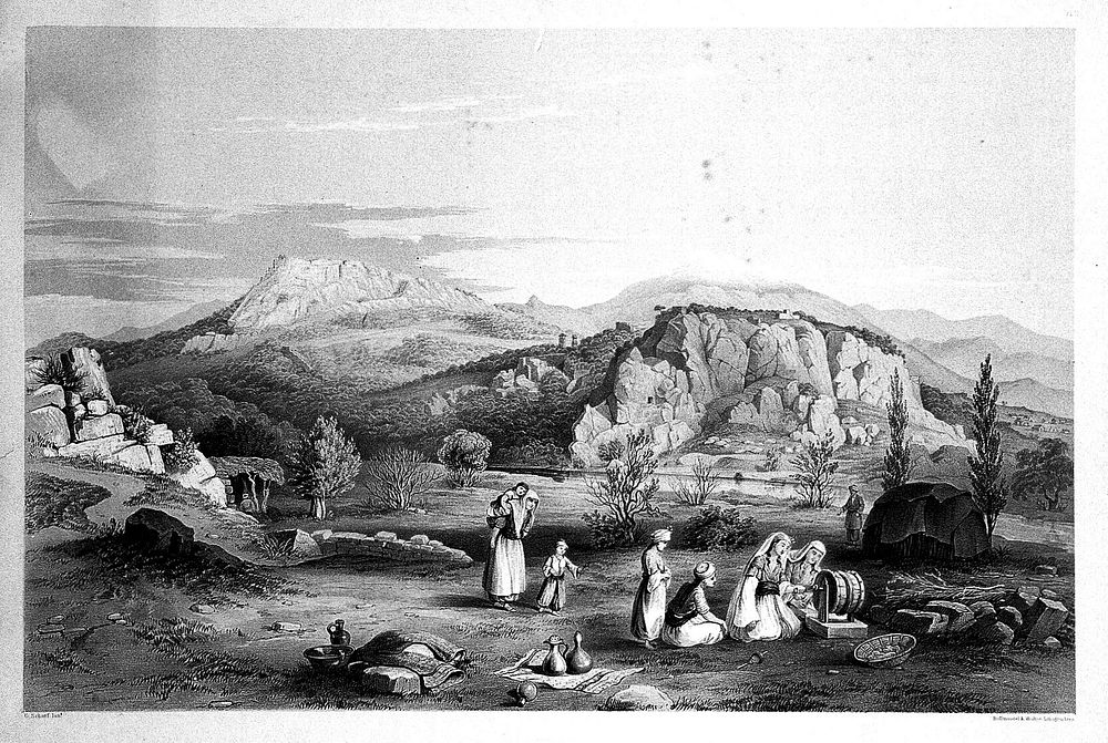 Xanthus, Lycia, women milling. Lithograph by George Scharf junior, 1847.