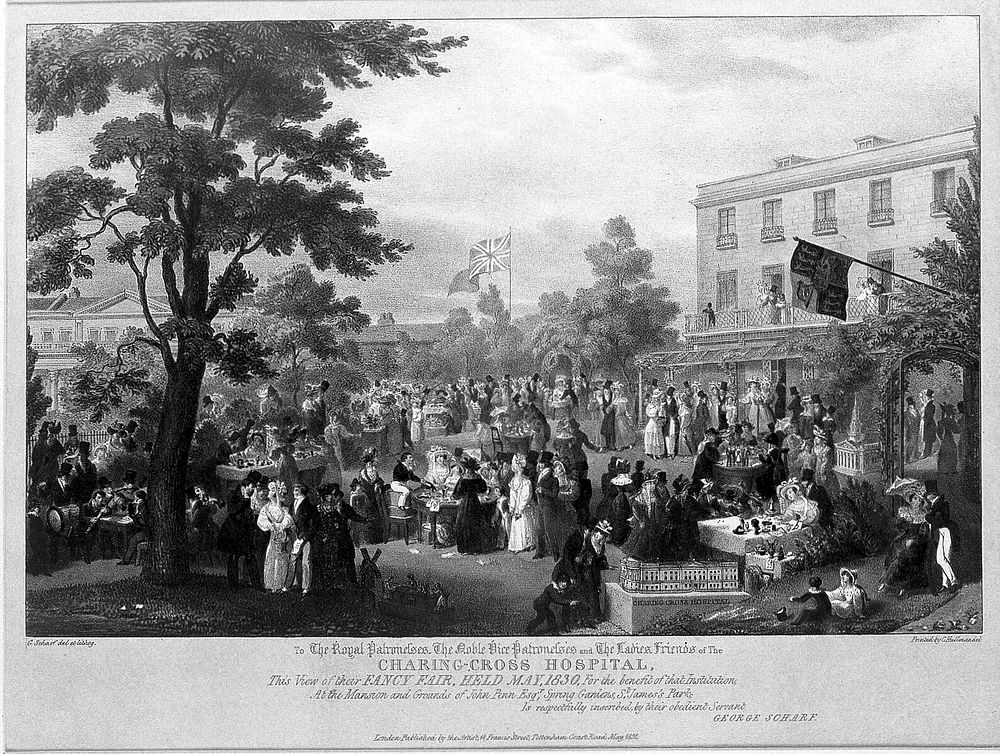 Garden of John Penn, St James's Park: A charity fair for Charing Cross Hospital. Coloured lithograph by G. Scharf, 1830.