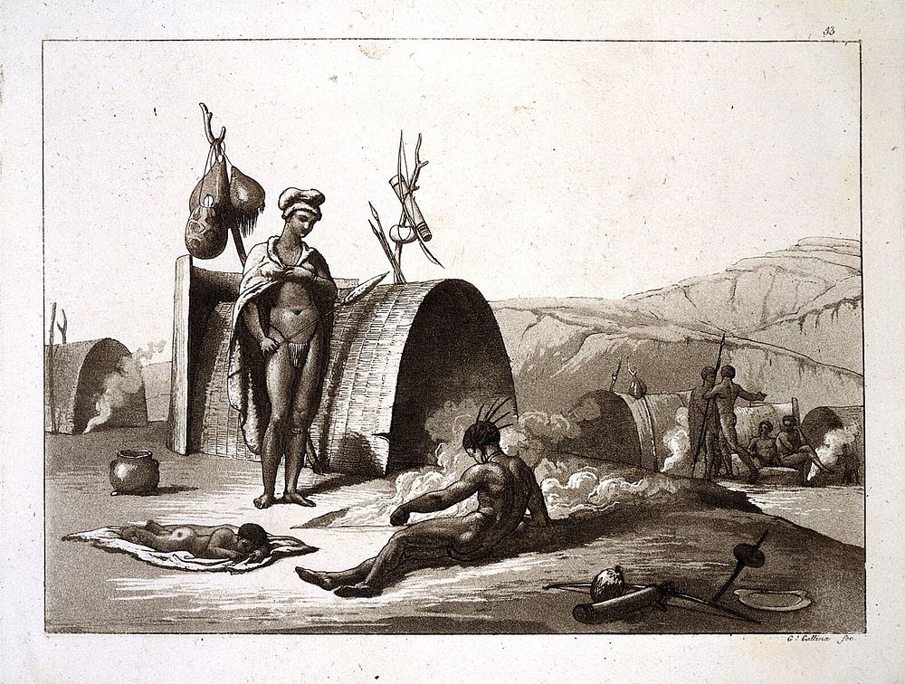 Southern Africa: a family of Bushmen cooking grasshoppers. Aquatint by G. Gallina, ca. 1819.
