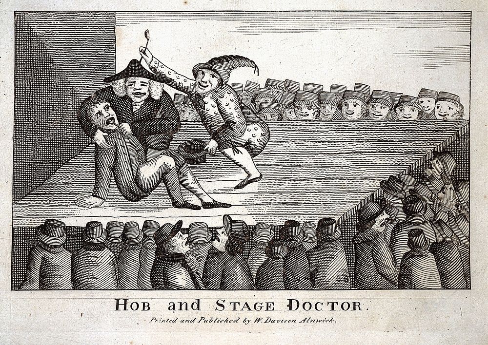 A theatrical performance of a tooth-drawer extracting a tooth from a patient, accompanied by a zany. Etching.