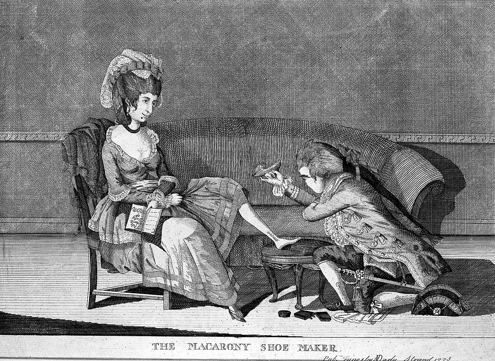 A woman sitting on a sofa with a devotional book in her hand as a shoemaker fits a shoe to her foot. Etching.