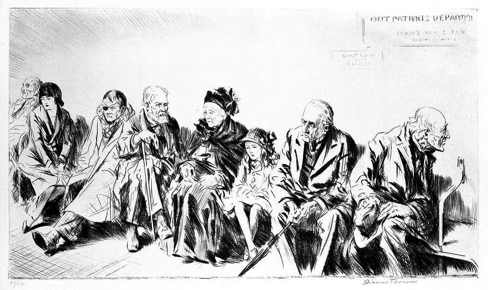 Patients wait in the outpatients' department of a hospital. Drypoint by D. Thorne.