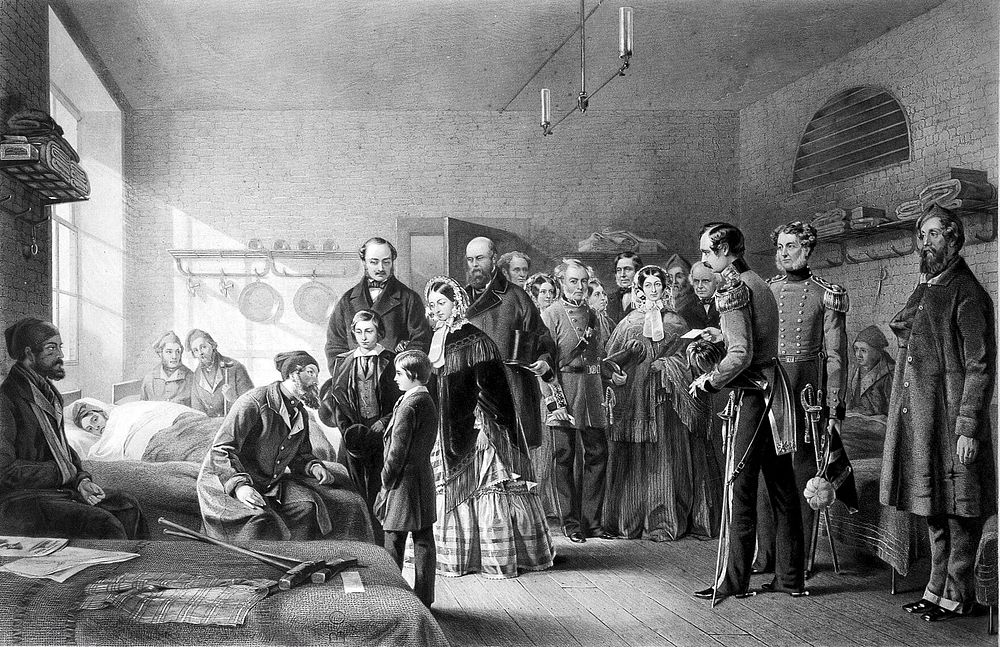 Queen Victoria visiting soldiers wounded in the Crimean war. Mezzotint by T.O. Barlow, 1859, after Jerry Barrett.