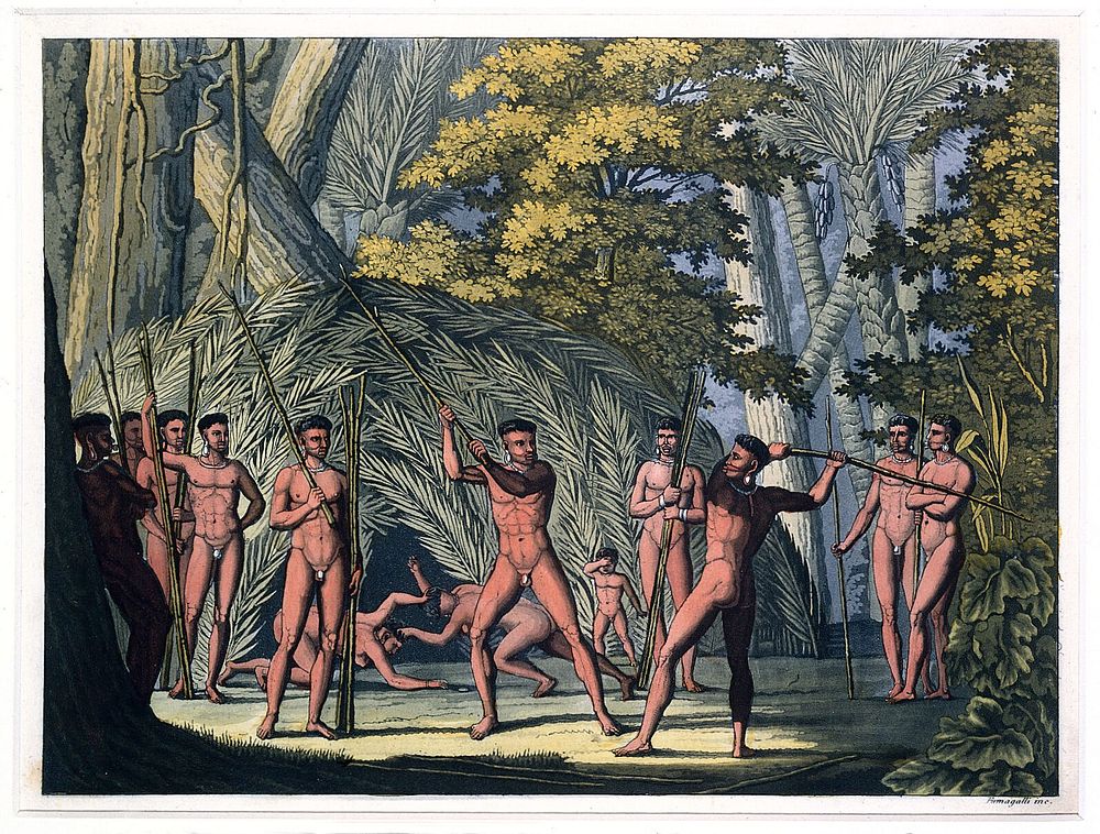 Botocudo people, Brazil, settling a dispute by combat with batons. Coloured aquatint by P. Fumagalli, ca. 1821, after M.…
