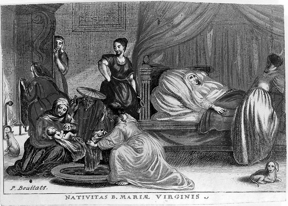 The newly born Virgin Mary is washed by maids; her mother lies in white on the bed. Coloured engraving by P. Bouttats.
