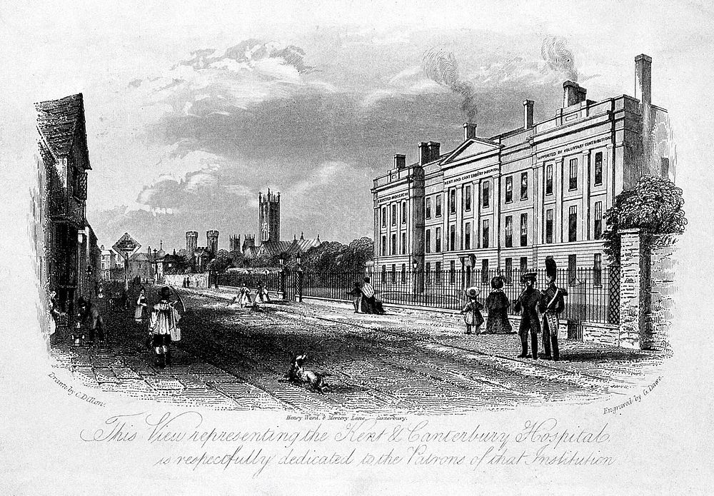 The main road outside the Kent and Canterbury Hospital, Canterbury. Line engraving by G. Dawe after C. Dillon.