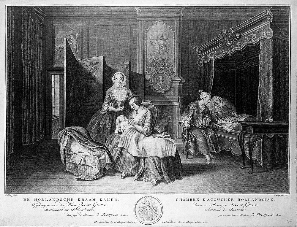 A wealthy Dutch man comforting his wife after giving birth, the child is being fed by a nursemaid. Engraving by P. Tanje…