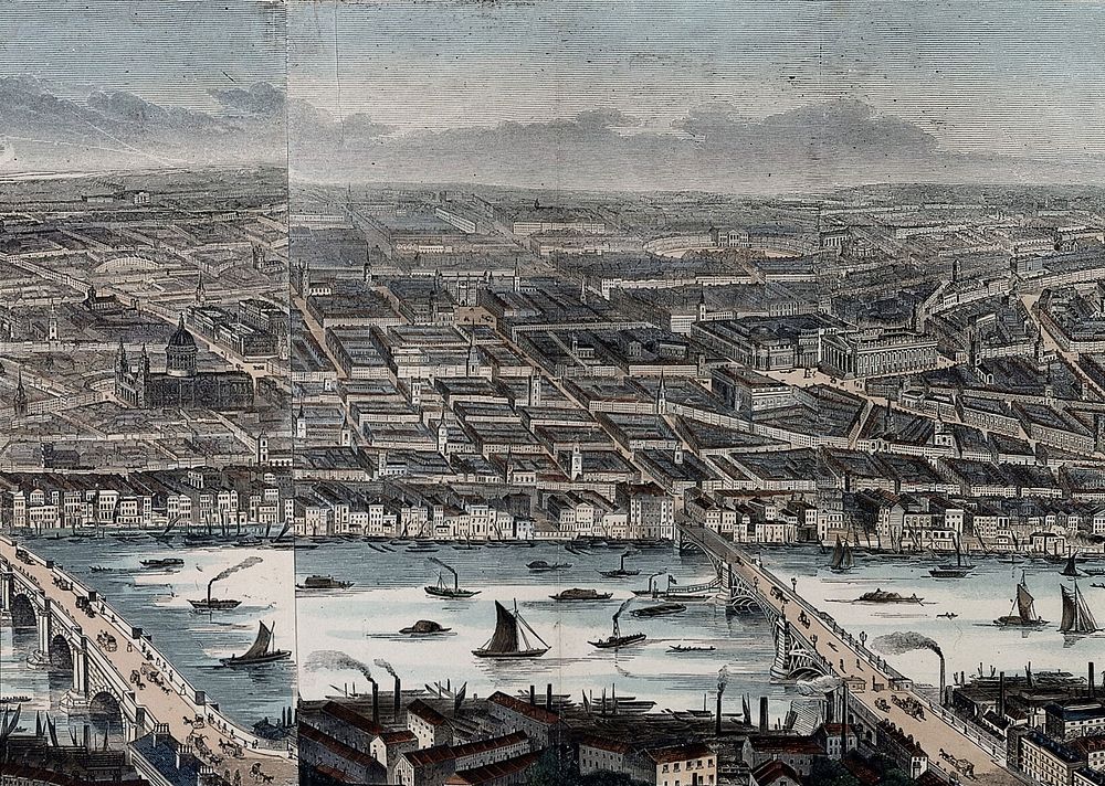 London and the River Thames seen from the south, from Westminster to Greenwich. Wood engraving by F. J. Smyth, 1845.