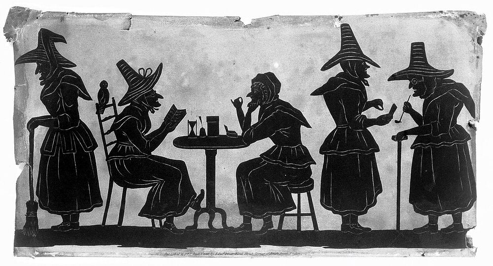 Witches: five silhouetted figures. Aquatint by M. Dubourg after B.A. Townshend, 1815.