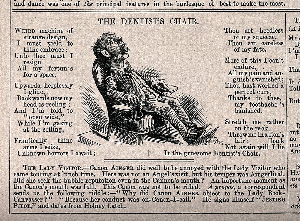 An anxious patient in a dentist's chair. Wood engraving after CTW, 1893.
